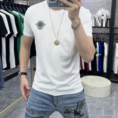 夏季新款欧货时尚圆领短袖体恤男修身印花图案个性青年潮半袖T恤