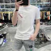 夏季新款短袖T恤男修身假口袋小狗压花高货欧货丝光棉圆领体恤男