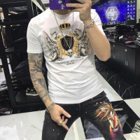 欧洲站丝光棉T恤男圆领短袖精神小伙修身刺绣潮男半袖ins潮流大码