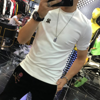 欧洲站夏装男士丝光棉T恤字母休闲简约刺绣圆领半袖加大码42