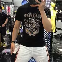 欧洲站夏装男士丝光棉T恤男图腾潮烫钻刺绣半袖上衣加大码ins