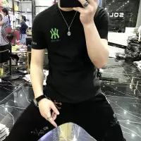 欧洲站男士夏季新款字母刺绣加厚短袖T恤打底衫网红潮牌修身