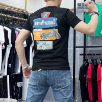 短袖T恤男夏季修身欧洲站圆领男士欧货刺绣修身半袖丝光棉上衣潮i