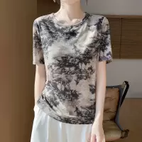 2025夏季新款女装圆领短款时尚印花T恤薄款打底衫水墨画短袖上衣