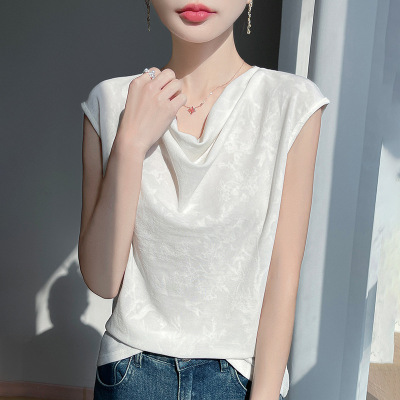 2025年春夏新款天丝莱赛尔荡领针织无袖背心提花宽松打底衫上衣女