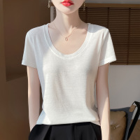 2025年春夏新款精纺U领针织衫短袖T恤女纯色薄款宽松打底衫上