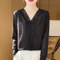 2025春季新款V领薄款针织衫女提花蕾丝衫套头长袖打底衫