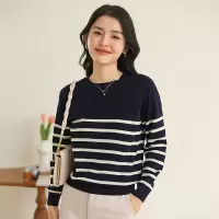 2025春秋新款100棉针织衫上衣条纹圆领套头长袖棉线外穿打底衫女