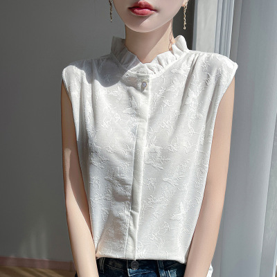 25年春夏新款法式天丝木耳边立领针织衬衫无袖蝴蝶提花背心上衣女