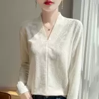 25年春夏新款莱赛尔天丝V领针织衫长袖法式设计感蕾丝提花打底衫