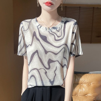 25新款复古天丝莱赛尔圆领针织短袖T恤女蝴蝶印花百搭上衣