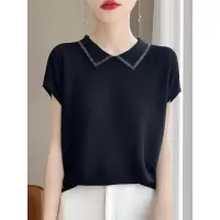 25新款天丝烫钻翻领短袖女薄款polo领针织衫宽松上衣T恤打底衫背