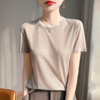 丝光2025春夏女新短款宽松拼色圆领半袖T恤套头针织衫短袖上衣