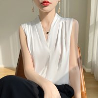 丝绸缎面2025春夏季女装新修身v领宽肩短款内搭无袖上衣吊带背心