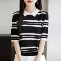 夏季女装新款曲珠冰麻丝POLO领针织衫条纹T恤短袖女背心