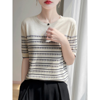 夏季新款莱赛尔冰丝条纹针织衫短袖女宽松显瘦中年妈妈装薄款上衣