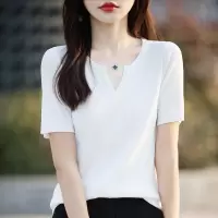 夏新款女装曲珠冰麻丝短袖女针织衫T恤女V领薄款修身