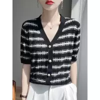 夏清爽天丝开衫短袖女V领坎肩外搭条纹拼色曲珠针织半袖T恤空调衫