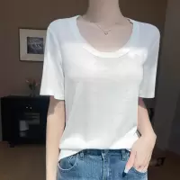 天丝莱赛尔U领针织衫短袖T恤女2025年夏季新款纯色套头宽松打底衫