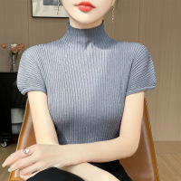 女冰丝短袖T恤春夏新款半高领宽松显瘦镂空针织衫气质薄款打底衫