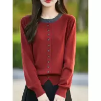 女士精纺羊毛圆领撞色开衫春夏新款单排扣小众设计感减龄长袖外搭