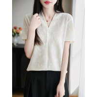 女装莱赛尔天丝V领针织衫短袖法式设计感重工提花T恤25夏新款