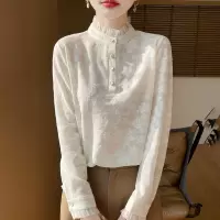 新款半高领薄款蕾丝花边混纺针织打底衫女设计感春夏修身洋气上衣