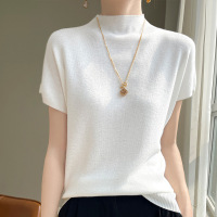春夏新款女士半高领针织衫精纺羊毛短袖纯色内搭打底衫女上衣