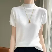 春夏新款女士半高领针织衫精纺羊毛短袖纯色内搭打底衫女上衣
