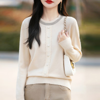 春季新款圆领烫钻针织假开衫女宽松包扣长袖毛衣显瘦外穿上衣