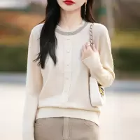 春季新款圆领烫钻针织假开衫女宽松包扣长袖毛衣显瘦外穿上衣