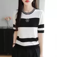 条纹正肩山茶花短袖T恤女夏季25年新款镂空薄款莱塞尔针织上衣