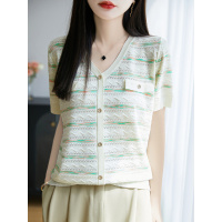 法式小香风条纹冰丝针织短袖T恤女新款夏季薄款独特别致针织上衣
