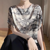 2025夏季新款国风水墨印花圆领针织衫短袖T恤女宽松百搭薄款上衣