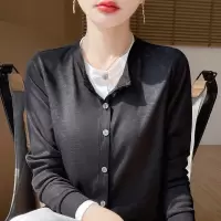 2025夏季新款女装圆领短款时尚薄款打底衫拼色假两件薄长袖上衣女