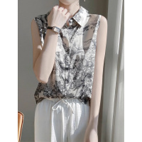 2025年春夏新款丝滑缎面国风POLO无袖衬衫开衫水墨画印花小众上衣