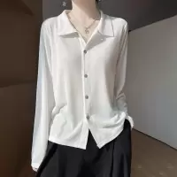 2025年春夏新款精纺翻领针织开衫纯色宽松长袖薄款气质上衣外套女