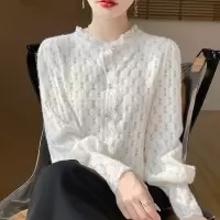 2025年春季新款精纺羊毛半高领针织衫木耳边镂空钩花设计感上衣女