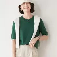 2025春夏圆领宽松型五分袖中袖气质通勤修身型纯色针织套头女装