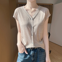 2025春夏女装新款V领无袖短款T恤薄款时尚百搭打底衫上衣飞袖短袖