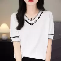 v领短袖T恤女夏季新款女装薄款鸡心领上衣半袖t桖精仿羊毛针织衫