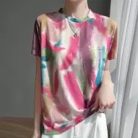 个性街头风水墨晕染印花撒银设计天丝短袖春夏新款女士圆领T恤衫
