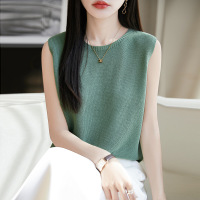 亚麻圆领无袖背心女夏季新款纯色外穿上衣短款针织打底衫气质时尚