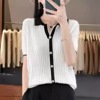 冰丝撞色针织假开衫短袖夏季2025小香风上衣V领夏季新款针织衫女