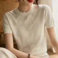 冰丝针织衫短袖T恤女夏新款韩版圆领宽松简约镂空上衣潮