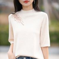 半高领中袖精纺羊毛针织衫女春夏新款蕾丝拼接打底衫薄款