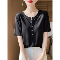 四扣半开领短袖女精仿针织打底衫2025夏季新款宽松上衣百搭短袖