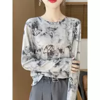 圆领水墨扎染天丝春秋薄款长袖水溶印花针织衫显瘦打底女上衣