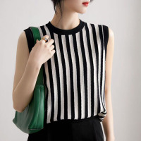 复古黑白条纹好搭圆领冰丝针织衫背心女春夏季时尚打底上衣