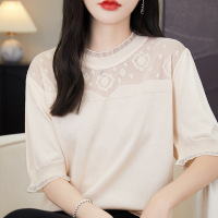 夏季丝光羊毛薄款镂空短袖荷叶领纯色宽松拼接套头洋气百搭上衣